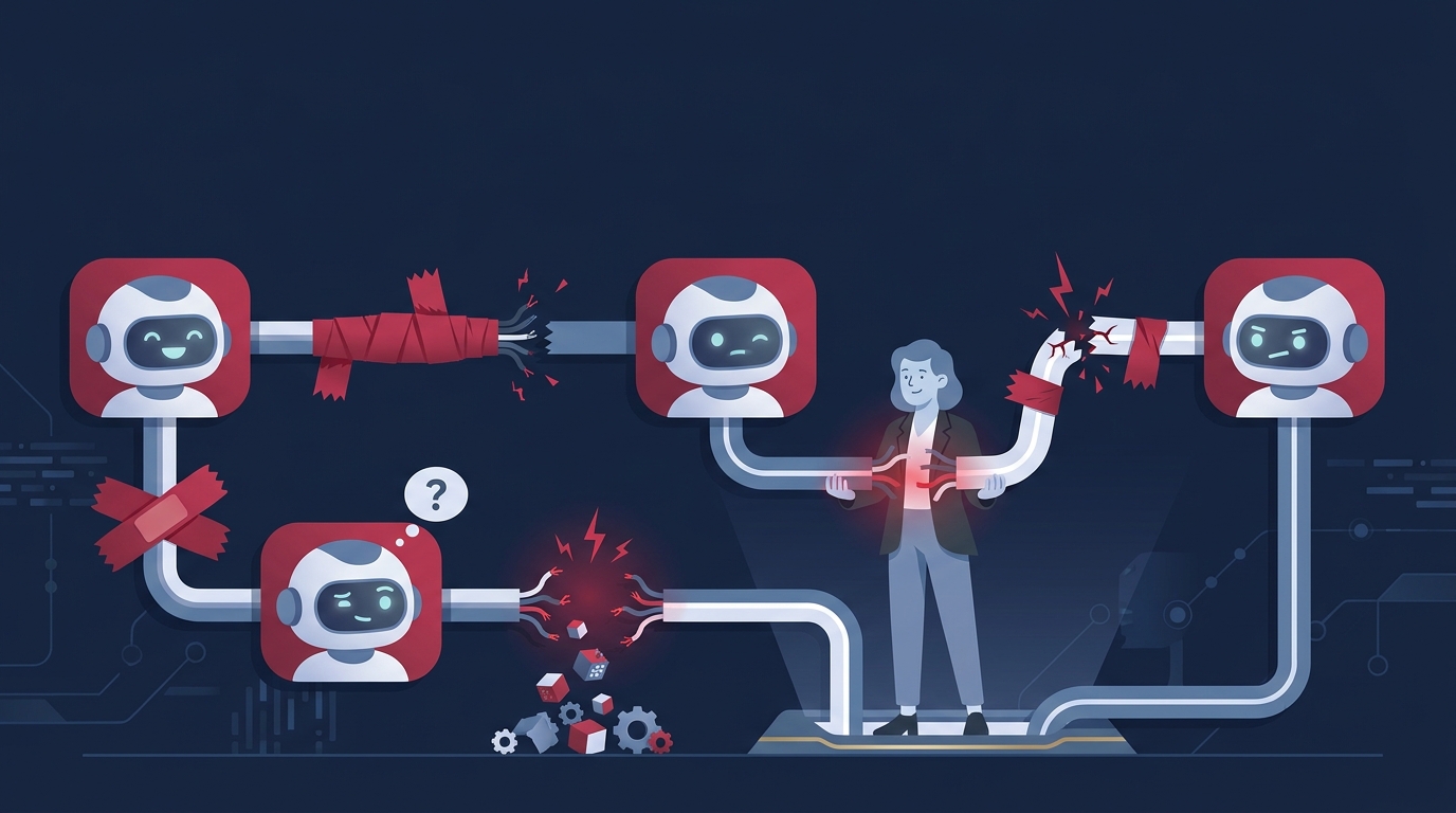 An org chart of AI-agent departments connected by frayed, duct-taped links where agents hand work to each other, with one human holding it together — Shanti Infosoft 2026