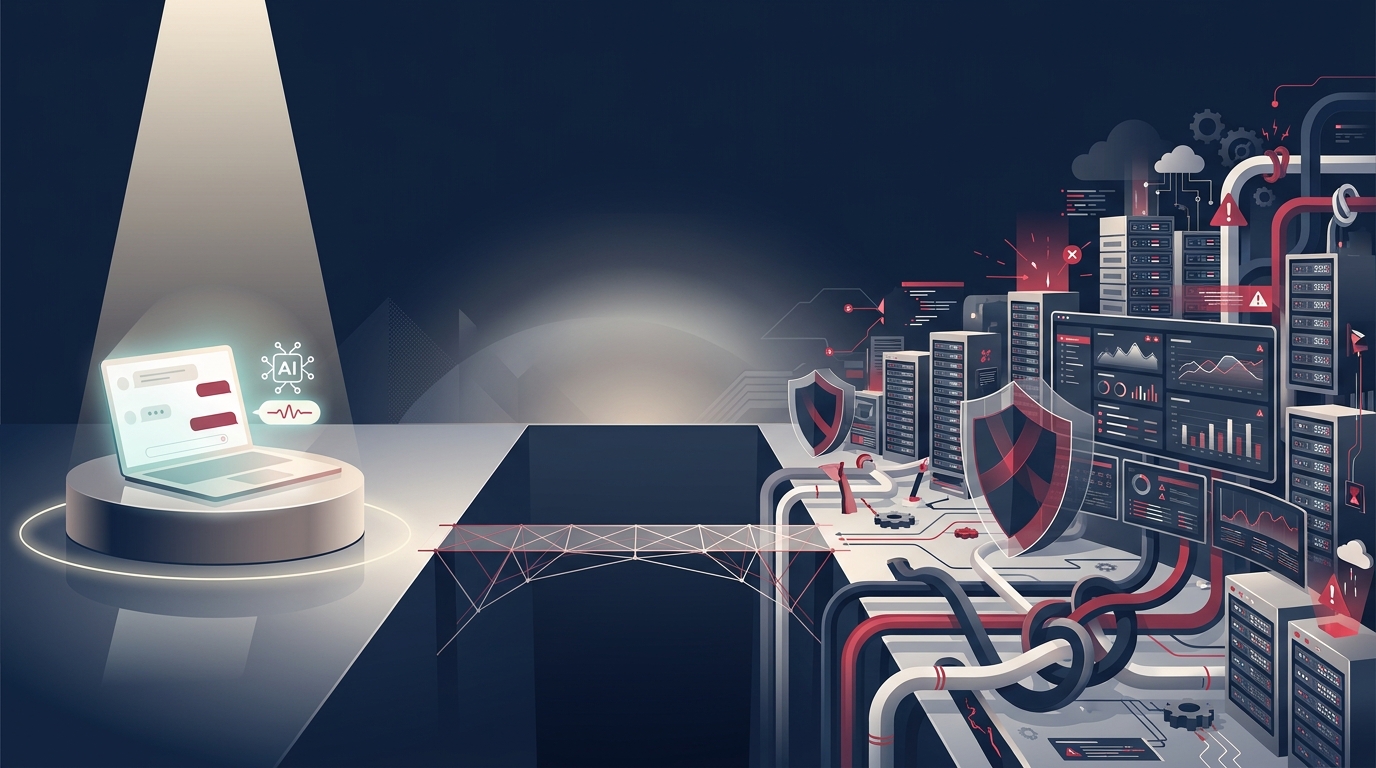 A polished AI demo on a pedestal separated from a vast complex production system by a chasm — Shanti Infosoft 2026