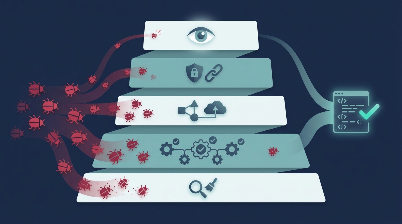 A layered quality-assurance stack catching bugs in AI-generated code at each level — Shanti Infosoft