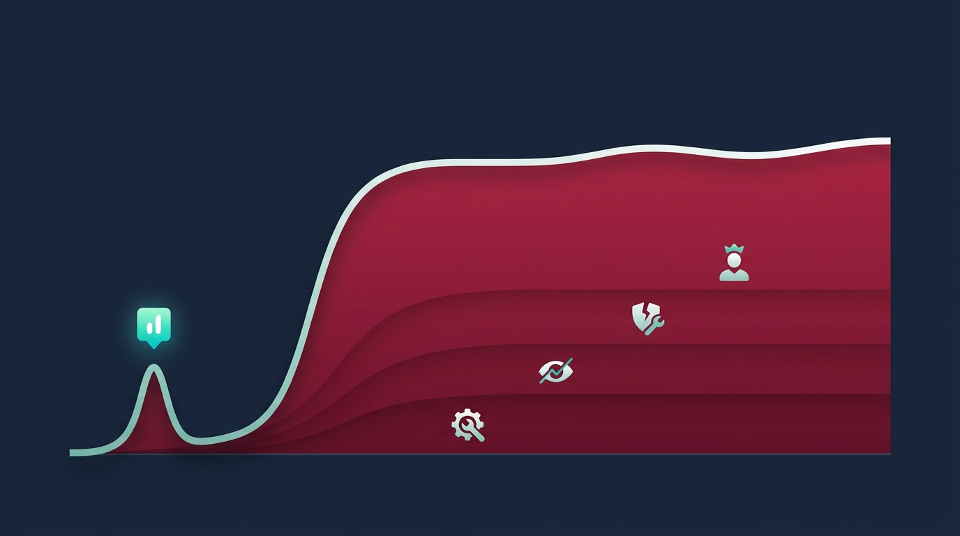 A cost curve showing a small upfront automation build cost and a long ongoing tail of recurring maintenance, monitoring, edge-case and ownership costs — Shanti Infosoft