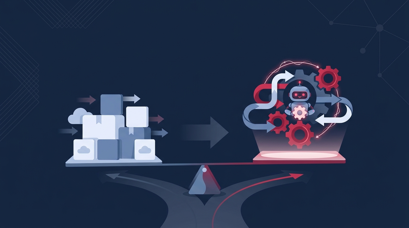 A decision scale shifting from a stack of off-the-shelf SaaS boxes toward a glowing custom-built automation made of interlocking gears — Shanti Infosoft 2026
